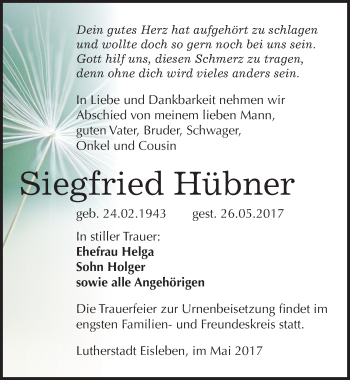 Traueranzeige von Siegfried Hübner von Mitteldeutsche Zeitung Mansfelder Land