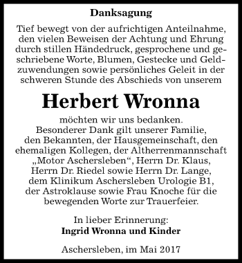 Traueranzeige von Herbert Wronna von Mitteldeutsche Zeitung Aschersleben