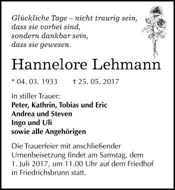 Traueranzeige von Hannelore Lehmann von Mitteldeutsche Zeitung Quedlinburg