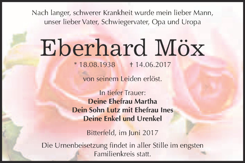  Traueranzeige für Eberhard Möx vom 28.06.2017 aus WVG - Wochenspiegel Bitterfeld