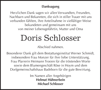 Traueranzeige von Doris Schlosser von WVG - Wochenspiegel Quedlinburg