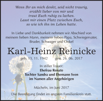 Traueranzeige von Karl-Heinz Reinicke von Mitteldeutsche Zeitung Merseburg/Querfurt