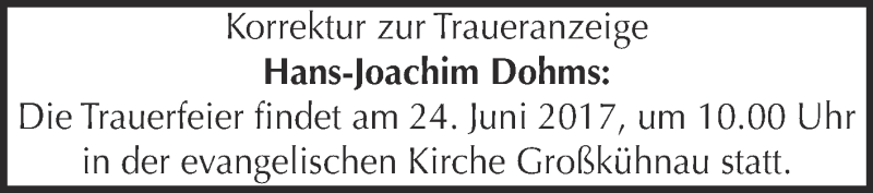  Traueranzeige für Hans-Joachim Dohms vom 17.06.2017 aus WVG - Wochenspiegel Dessau / Köthen