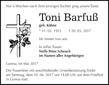 Traueranzeige von Toni Barfuß von Super Sonntag SGH Mansf. Land