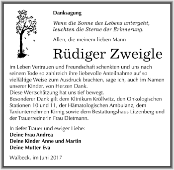 Traueranzeige von Rüdiger Zweigle von Mitteldeutsche Zeitung Mansfelder Land