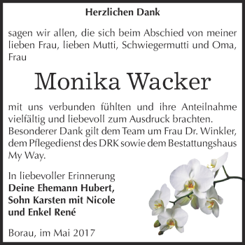 Traueranzeige von Monika Wacker von WVG - Wochenspiegel NMB / WSF / ZTZ