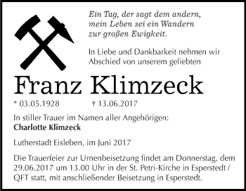 Traueranzeige von Franz Klimzeck von Super Sonntag SGH Mansf. Land