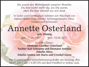 Traueranzeige von Annette Osterland von Mitteldeutsche Zeitung Halle/Saalkreis