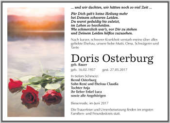 Traueranzeige von Doris Osterburg von Super Sonntag SGH Mansf. Land