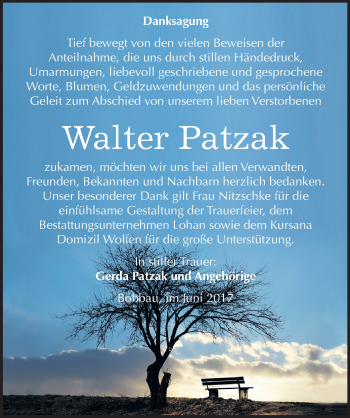 Traueranzeige von Walter Patzak von Mitteldeutsche Zeitung Bitterfeld