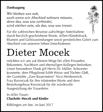 Traueranzeige von Dieter Mocek von Mitteldeutsche Zeitung Mansfelder Land