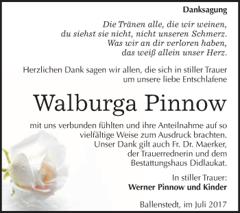 Traueranzeige von Walburga Pinnow von WVG - Wochenspiegel Quedlinburg