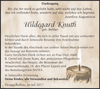 Traueranzeige von Hildegard Knuth von WVG - Wochenspiegel Dessau / Köthen