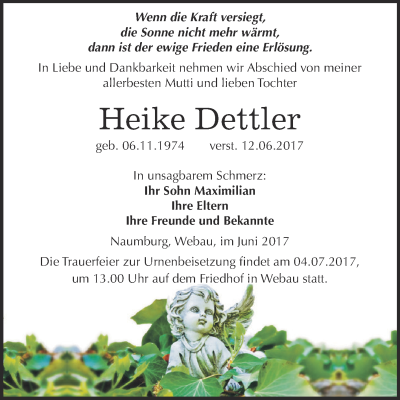  Traueranzeige für Heike Dettler vom 28.06.2017 aus WVG - Wochenspiegel NMB / WSF / ZTZ
