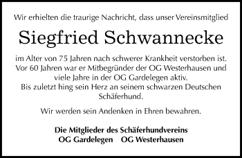 Traueranzeige von Siegfried Schwannecke von Mitteldeutsche Zeitung Quedlinburg