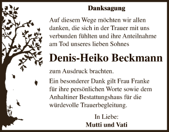 Traueranzeige von Denis-Heiko Beckmann von WVG - Wochenspiegel Dessau / Köthen