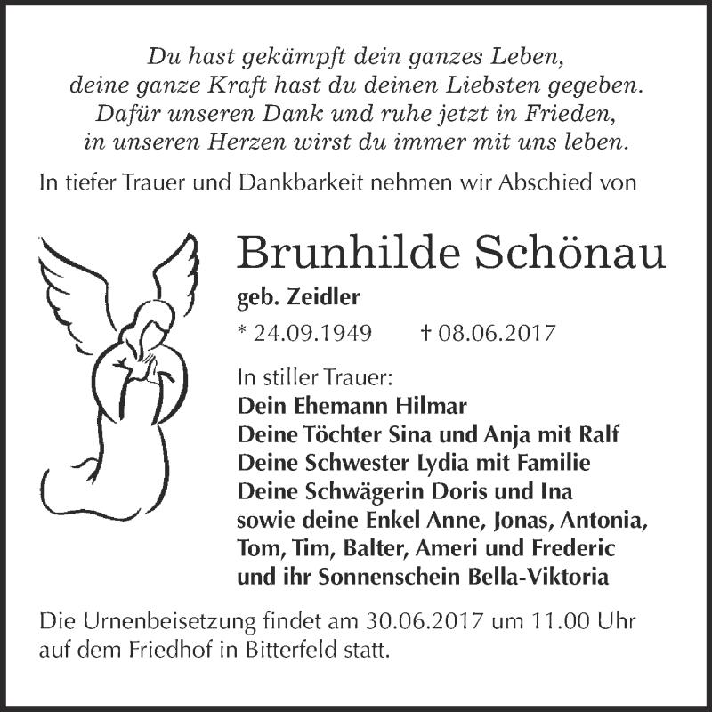  Traueranzeige für Brunhilde Schönau vom 14.06.2017 aus WVG - Wochenspiegel Bitterfeld
