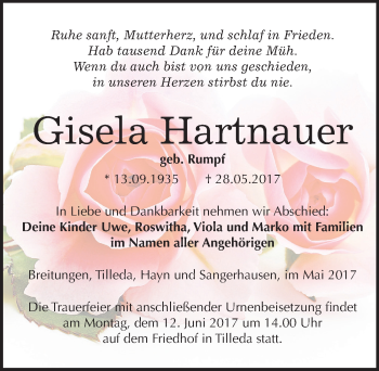 Traueranzeige von Gisela Hartnauer von Mitteldeutsche Zeitung Sangerhausen