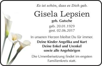 Traueranzeige von Gisela Lepsien von Mitteldeutsche Zeitung Quedlinburg