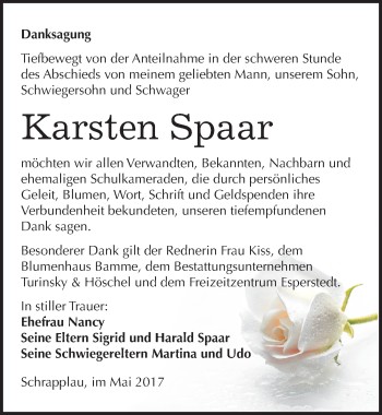 Traueranzeige von Karsten Spaar von Mitteldeutsche Zeitung Merseburg/Querfurt