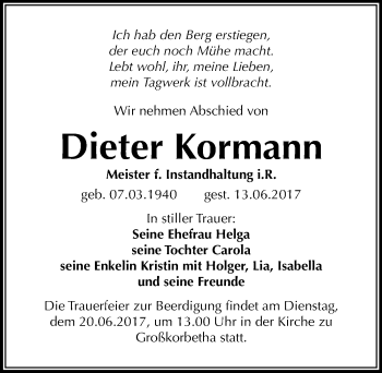 Traueranzeige von Dieter Kormann von Mitteldeutsche Zeitung Merseburg/Querfurt