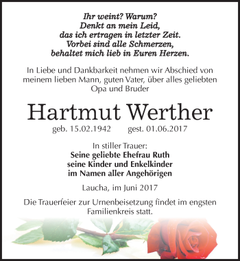 Traueranzeige von Hartmut Werther von Mitteldeutsche Zeitung Naumburg/Nebra