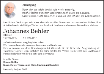 Traueranzeige von Johannes Behler von Mitteldeutsche Zeitung Mansfelder Land
