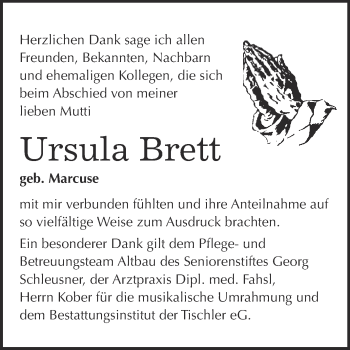 Traueranzeige von Ursula Brett von WVG - Wochenspiegel Wittenberg