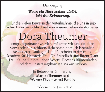 Traueranzeige von Dora Theumer von Mitteldeutsche Zeitung Mansfelder Land