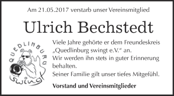 Traueranzeige von Ulrich Bechstedt von Super Sonntag Quedlinburg
