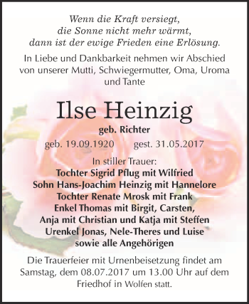 Traueranzeige von Ilse Heinzig von WVG - Wochenspiegel Bitterfeld
