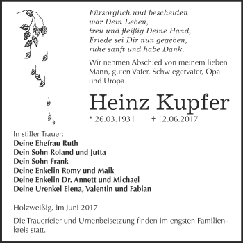 Traueranzeige von Heinz Kupfer von WVG - Wochenspiegel Bitterfeld