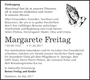 Traueranzeige von Margarete Freitag von WVG - Wochenspiegel Quedlinburg