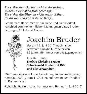 Traueranzeige von Joachim Bruder von Mitteldeutsche Zeitung Bitterfeld