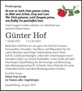 Traueranzeige von Günter Hof von WVG - Wochenspiegel Quedlinburg