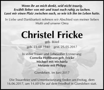 Traueranzeige von Christel Fricke von Mitteldeutsche Zeitung Aschersleben