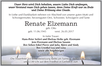 Traueranzeige von Renate Elzemann von Mitteldeutsche Zeitung Mansfelder Land