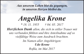 Traueranzeige von Angelika Krone von Mitteldeutsche Zeitung Sangerhausen