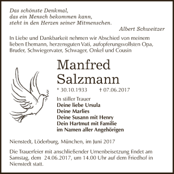 Traueranzeige von Manfred Salzmann von Super Sonntag SGH Mansf. Land
