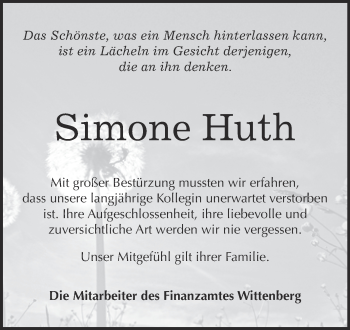 Traueranzeige von Simone Huth von Super Sonntag Wittenberg