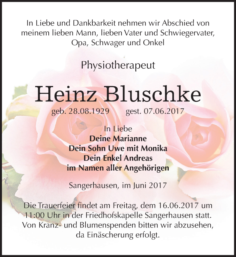  Traueranzeige für Heinz Bluschke vom 13.06.2017 aus Mitteldeutsche Zeitung Sangerhausen