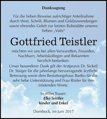 Traueranzeige von Gottfried Teistler von WVG - Wochenspiegel Dessau / Köthen