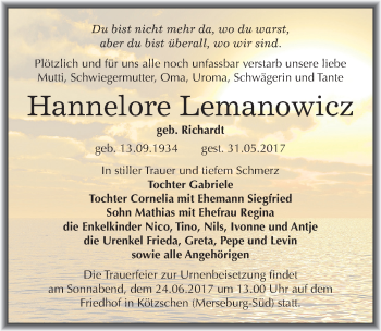Traueranzeige von Hannelore Lemanowicz von Mitteldeutsche Zeitung Merseburg/Querfurt