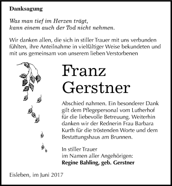 Traueranzeige von Franz Gerstner von Mitteldeutsche Zeitung Mansfelder Land