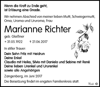 Traueranzeige von Marianne Richter von Mitteldeutsche Zeitung Zeitz
