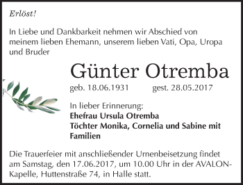 Traueranzeige von Günter Otremba von Mitteldeutsche Zeitung Halle/Saalkreis
