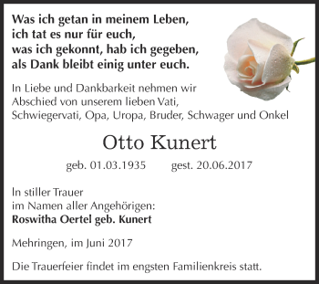 Traueranzeige von Otto Kunert von Super Sonntag Aschersleben