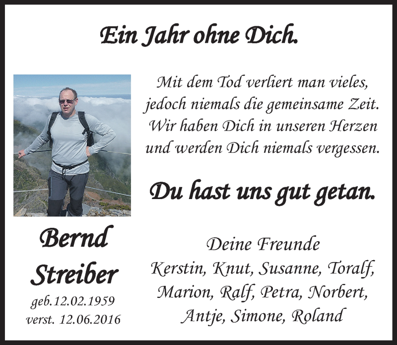  Traueranzeige für Bernd Streiber vom 12.06.2017 aus Mitteldeutsche Zeitung Dessau-Roßlau