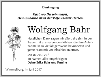Traueranzeige von Wolfgang Bahr von Mitteldeutsche Zeitung Mansfelder Land