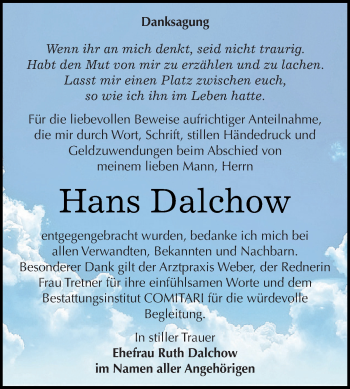Traueranzeige von Hans Dalchow von WVG - Wochenspiegel NMB / WSF / ZTZ